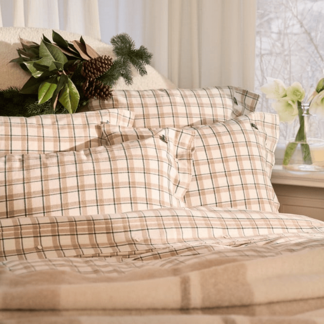 Lexington Green/Beige/White Checked Cotton Flannel Påslakanset Care of Beds